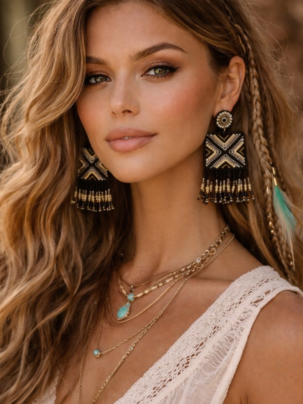 NWT Kay Lee Handmade Boho Beaded Fringe Statement Earrings Festival Neutral Gift